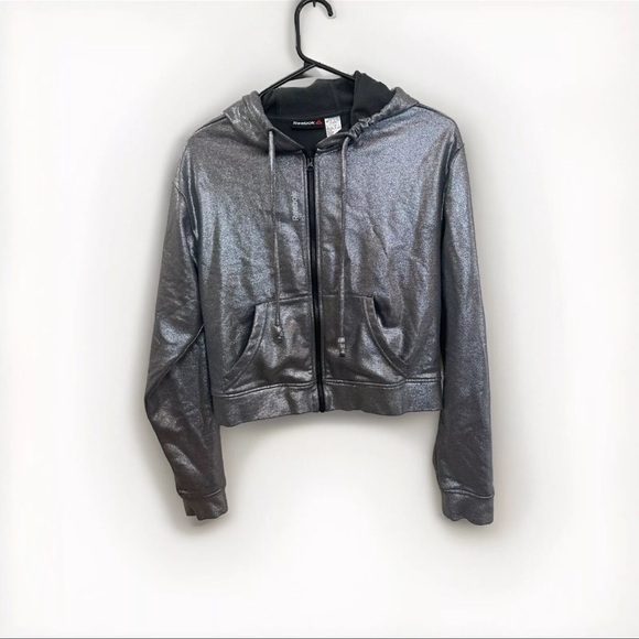 Reebok Hoodie Women’s Size Medium Metallic Silver Cropped - Picture 9 of 9